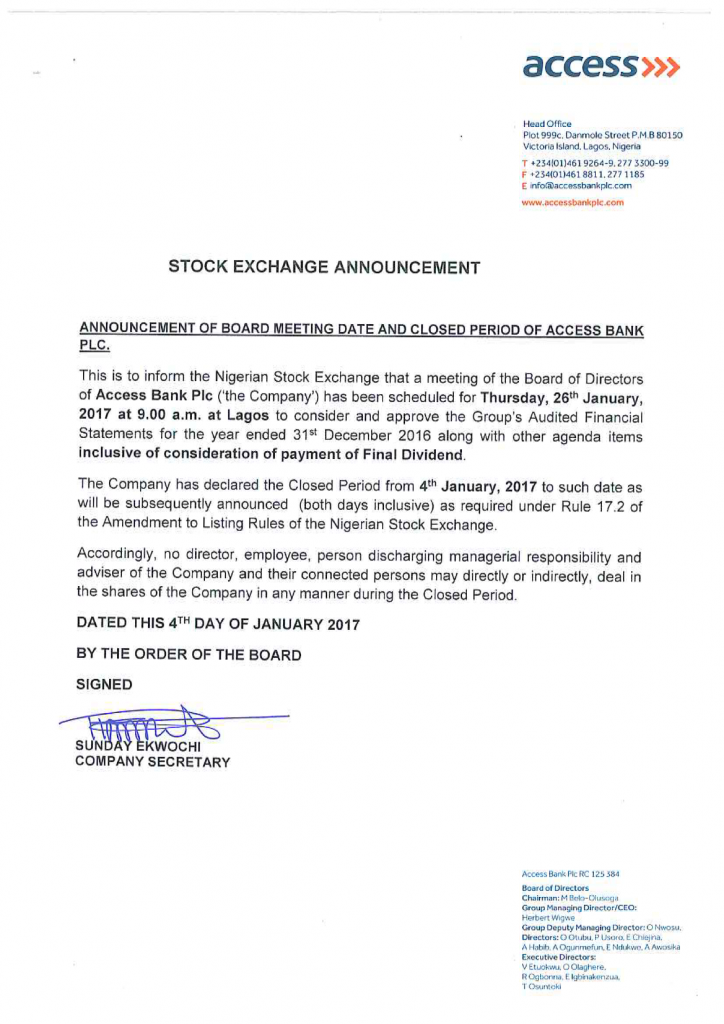 Access Bank Board Meets Jan. 26, To Approve Account, Dividend Invest Data
