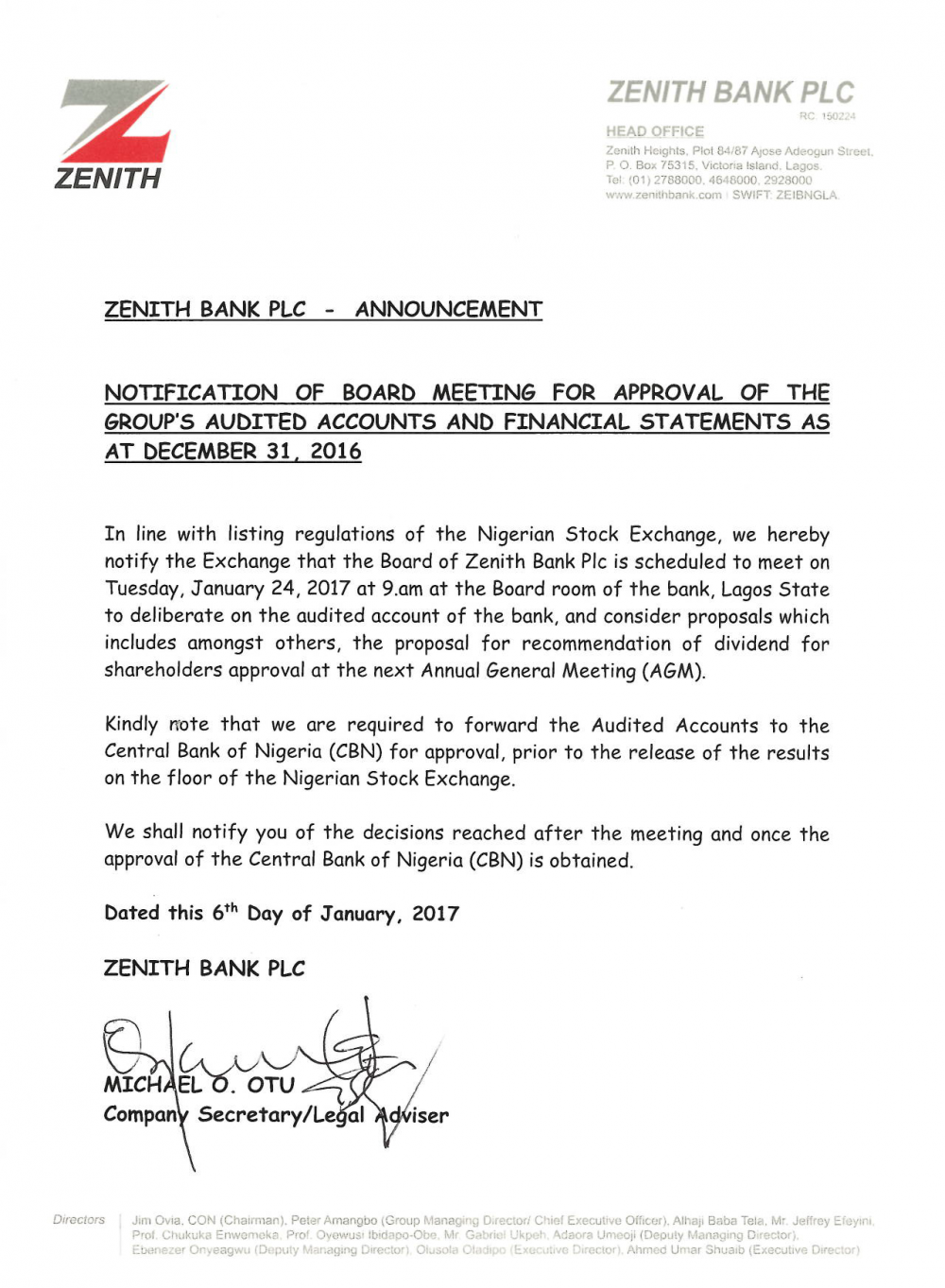 Zenith Bank Board Meets Jan. 24 On Audited Result, Final Dividend